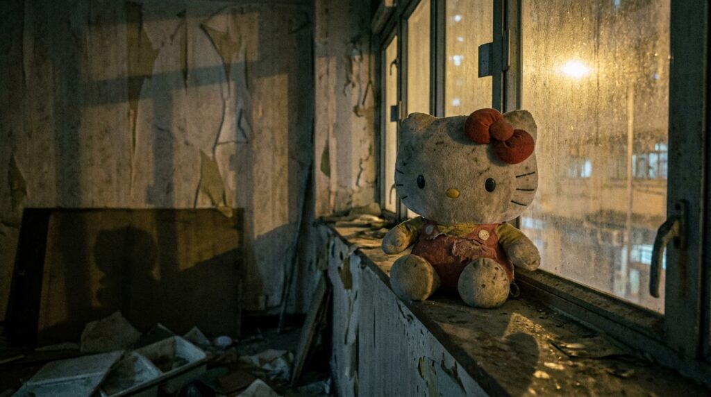 El macabro crimen de Hello Kitty en Hong Kong 2 Peluche de Hello Kitty en ambiente tétrico