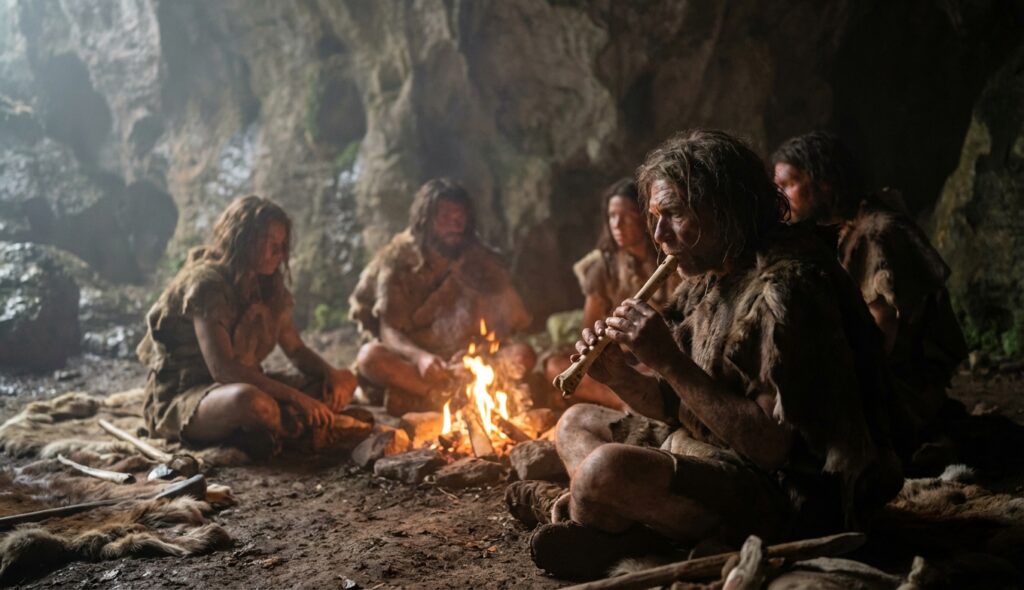 Humanos primitivos tocando instrumentos de hueso en una cueva. Historia de la música