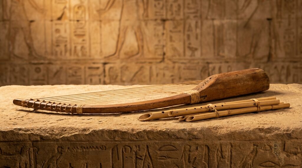 Instrumentos musicales del antiguo Egipto como arpas y flautas