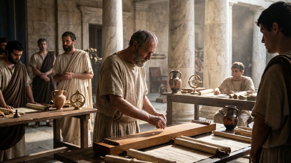 Pitágoras estudiando las proporciones matemáticas de la música