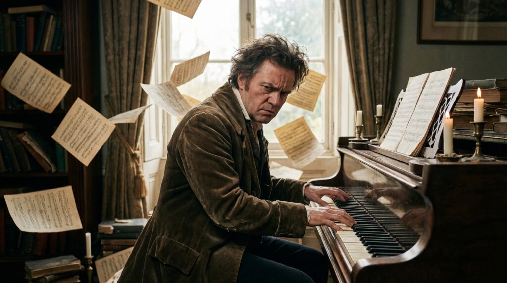 Compositor clásico apasionado tocando el piano en un salón antiguo