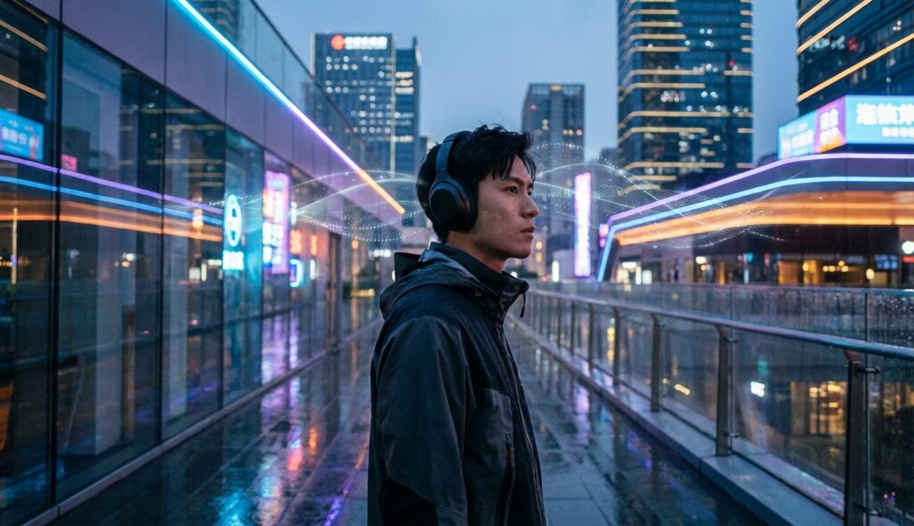 Persona moderna escuchando música digital en una ciudad futurista