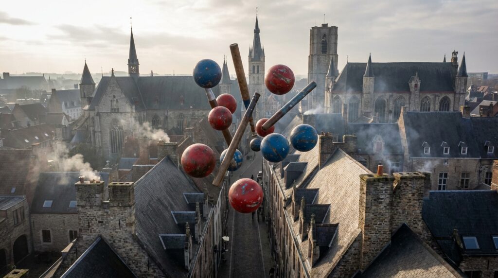 Esferas y tubos voladores sobre una ciudad medieval