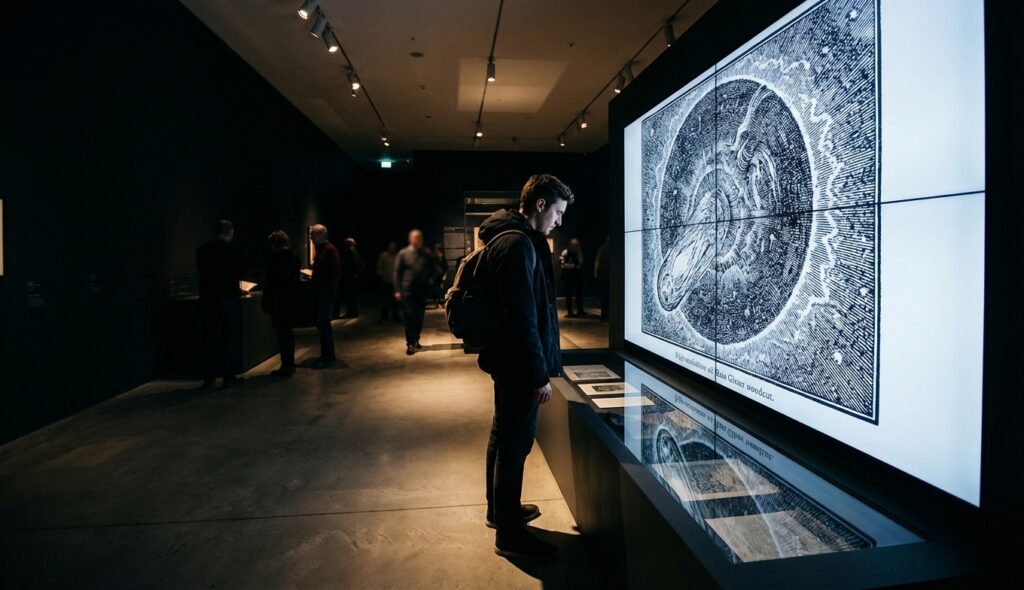 Persona analizando el grabado original de Hans Glaser en un museo
