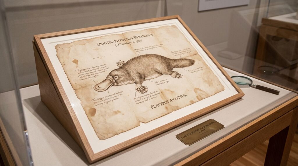 Ilustración científica antigua de un ornitorrinco