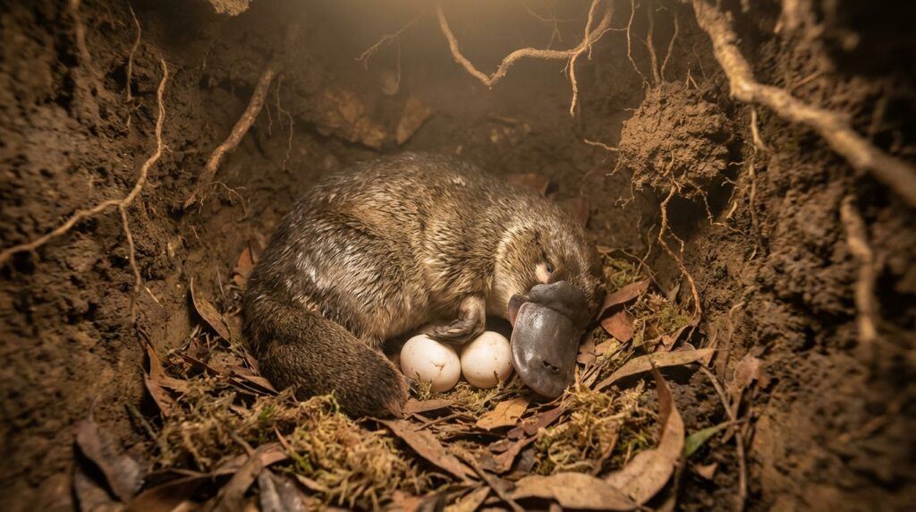 Ornitorrinco hembra con sus huevos en una madriguera