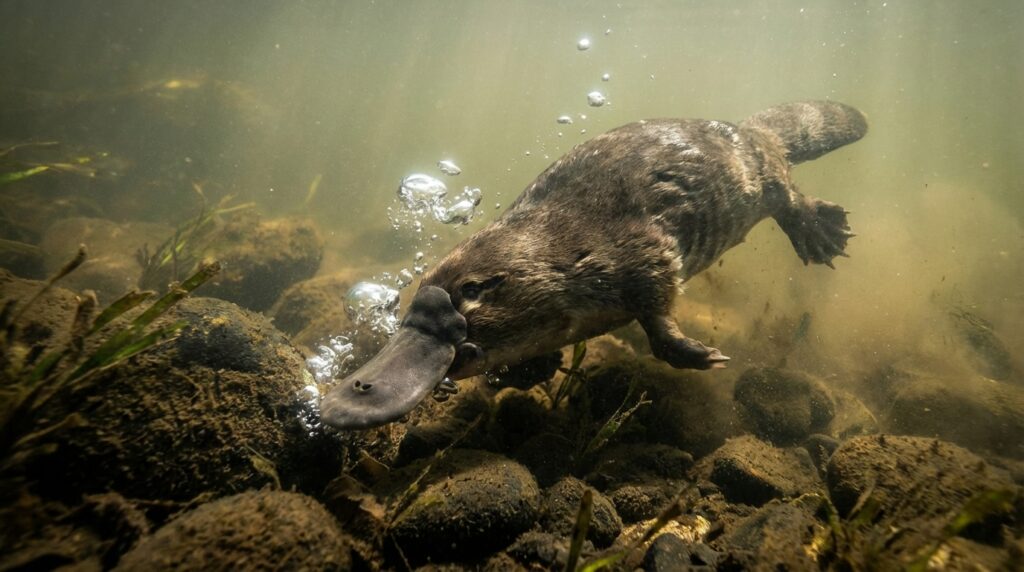 Ornitorrinco cazando bajo el agua usando electrorecepción