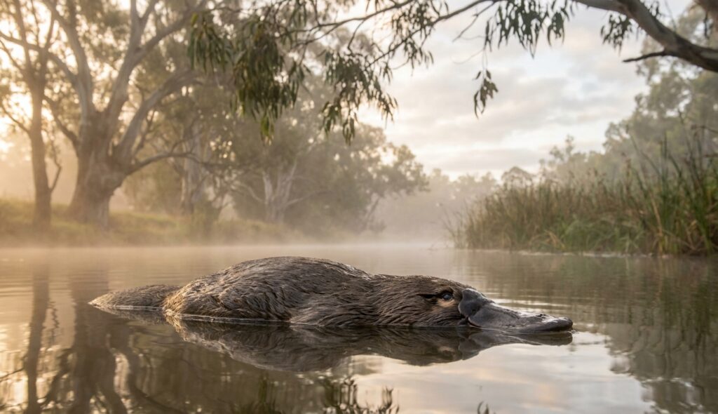 Ornitorrinco flotando en un río al amanecer