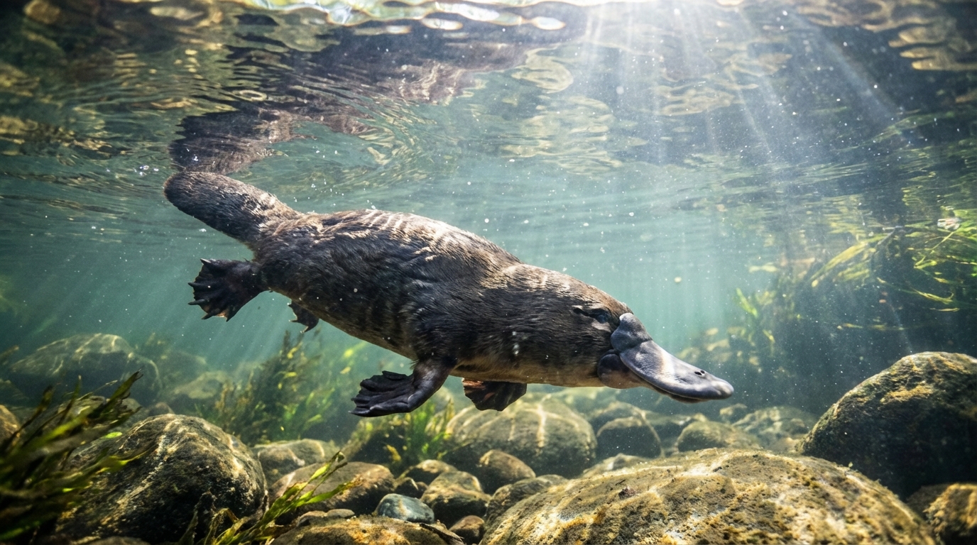 Ornitorrinco nadando en aguas cristalinas