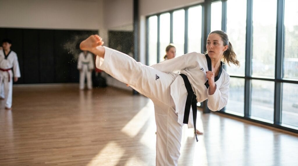 Taekwondo: El arte coreano de las patadas voladoras 2 Practicante de taekwondo realizando una patada lateral alta