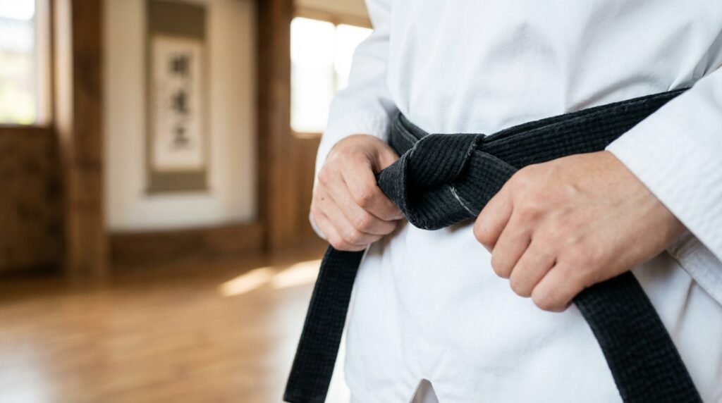 Taekwondo: El arte coreano de las patadas voladoras 4 Detalle de un cinturón negro de taekwondo siendo anudado