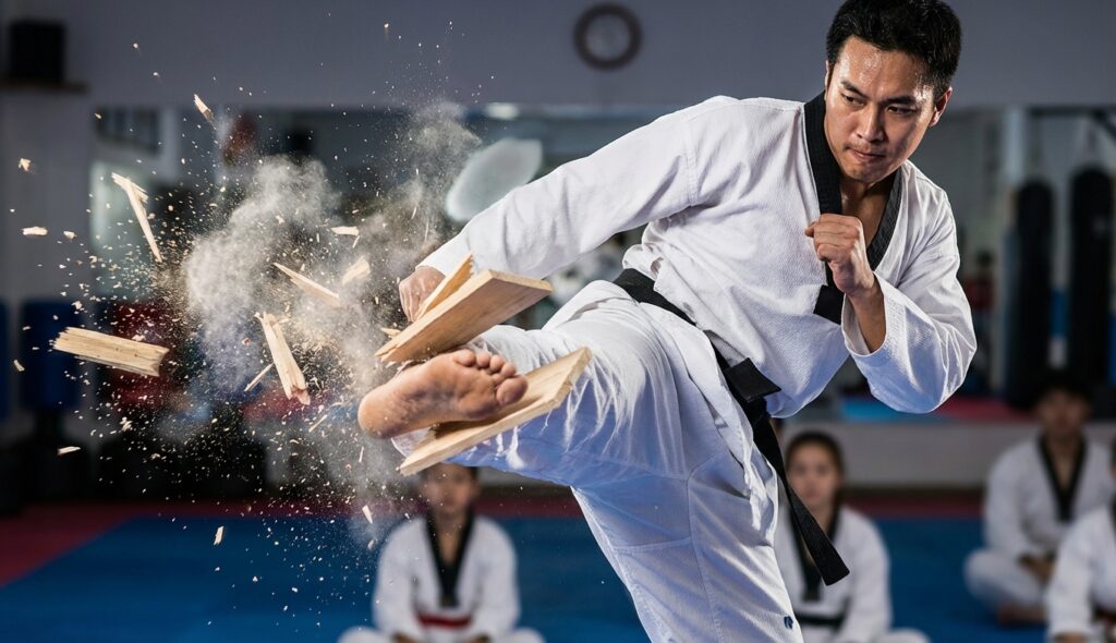 Taekwondo: El arte coreano de las patadas voladoras 5 Practicante de taekwondo rompiendo una tabla con una patada de giro
