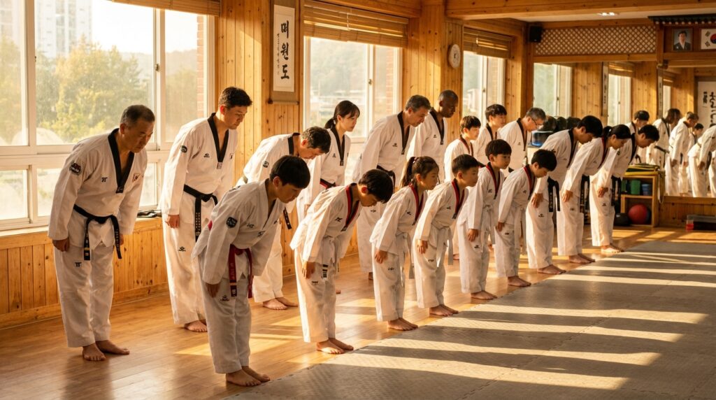 Taekwondo: El arte coreano de las patadas voladoras 7 Grupo diverso de estudiantes de taekwondo saludando en el dojang
