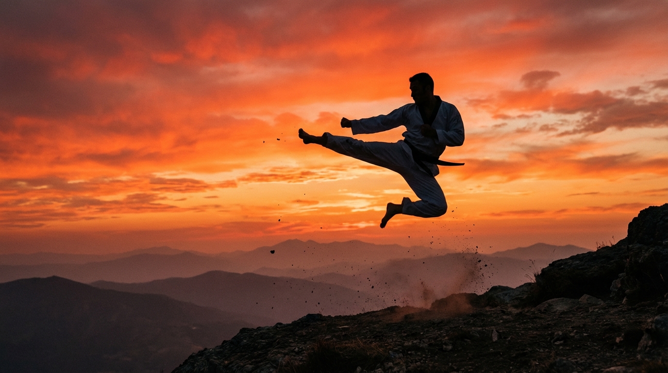 Silueta de un maestro de taekwondo realizando una patada saltando al atardecer
