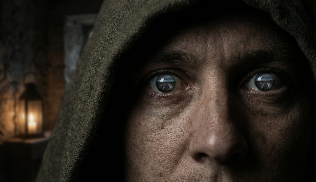 Primer plano de ojos oscuros y perturbadores reflejando una tragedia