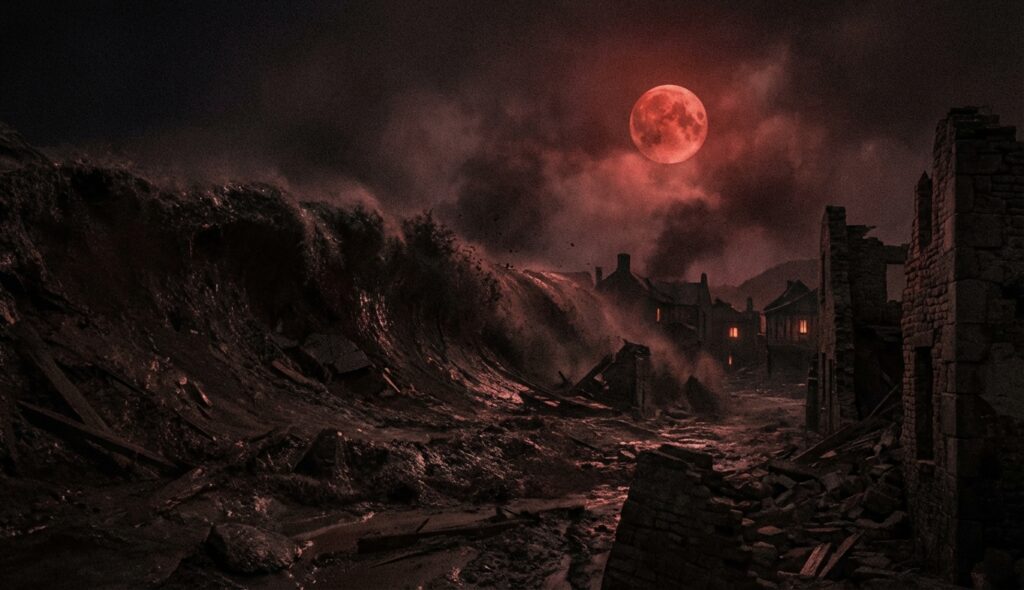 Alud de lodo oscuro consumiendo una ciudad bajo una luz siniestra