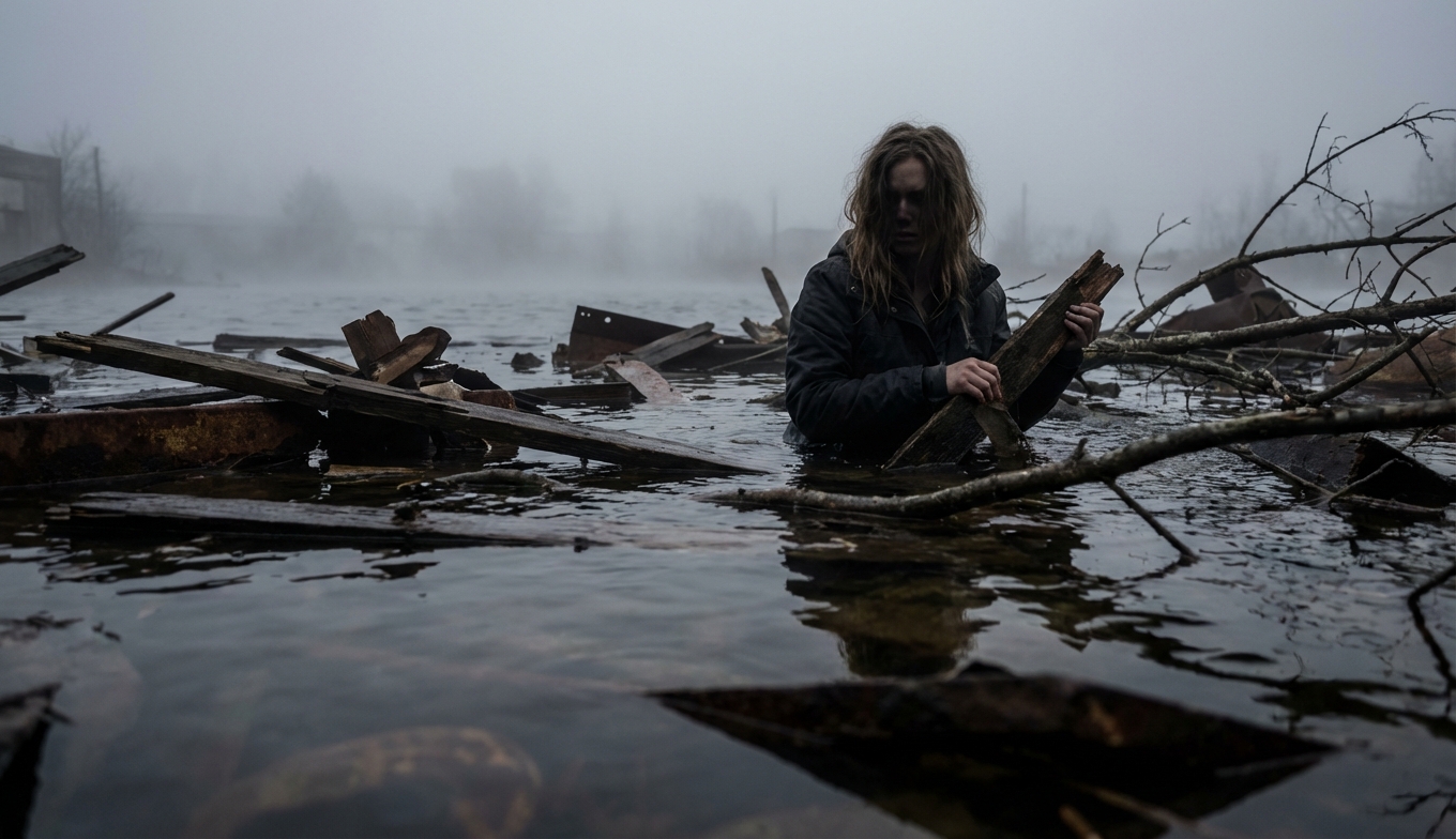 Niña atrapada en aguas oscuras y turbias con sombras inquietantes