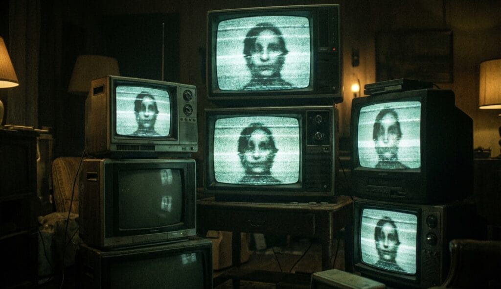 Televisores antiguos mostrando un rostro distorsionado en una habitación oscura