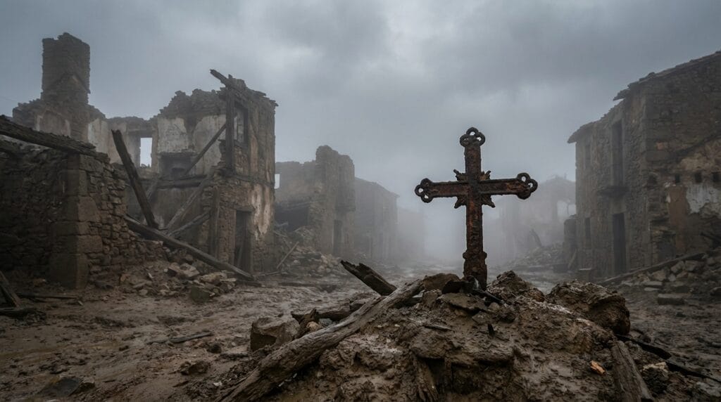 Ruinas desoladas de Armero bajo una niebla espesa e inquietante