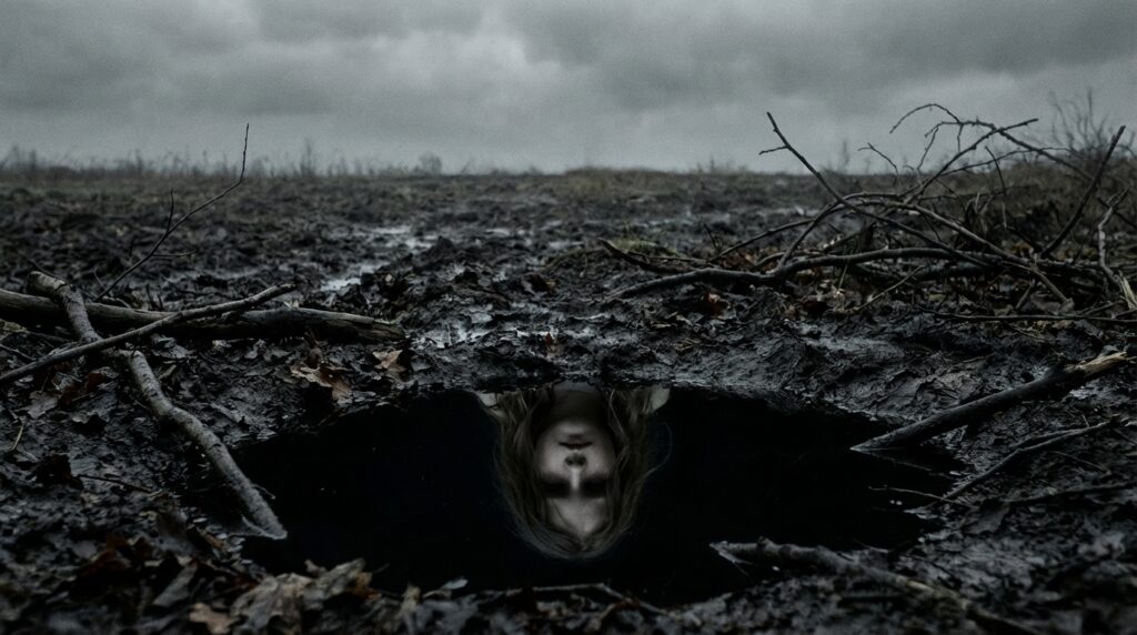 Reflejo inquietante de un rostro en agua negra y lodo