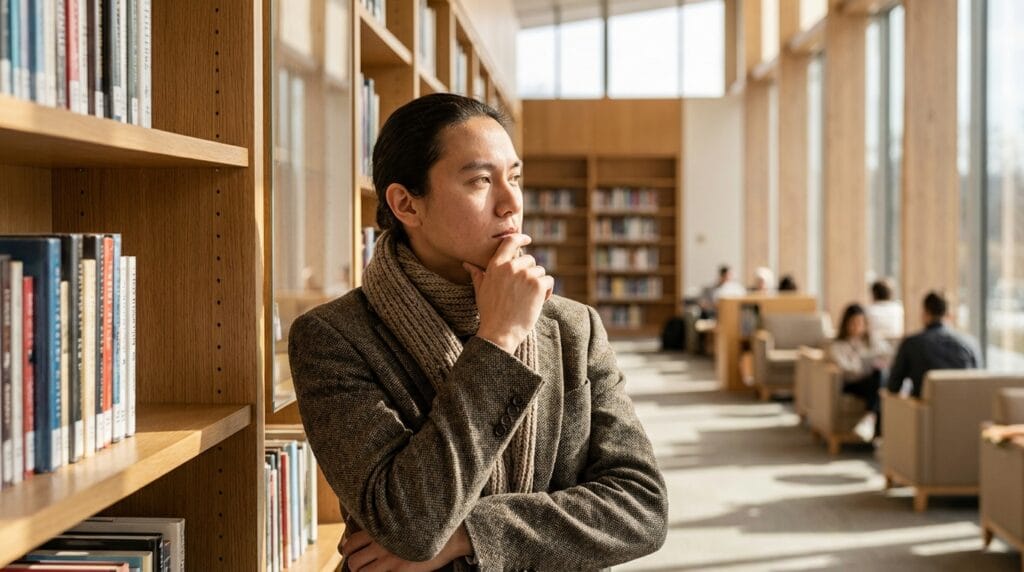 Persona reflexionando en una biblioteca moderna con luz natural