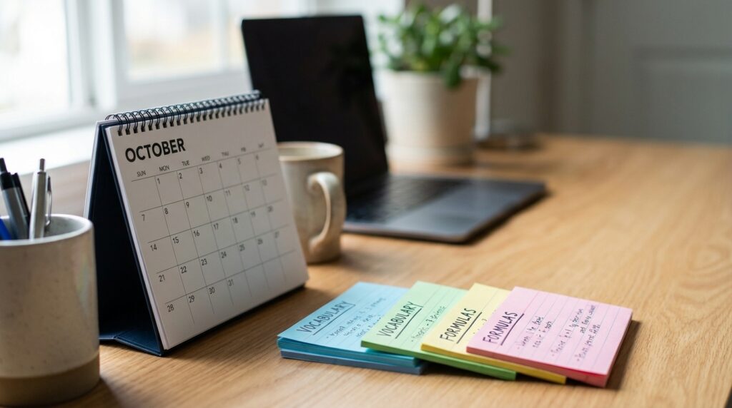 Escritorio organizado con tarjetas de estudio y calendario