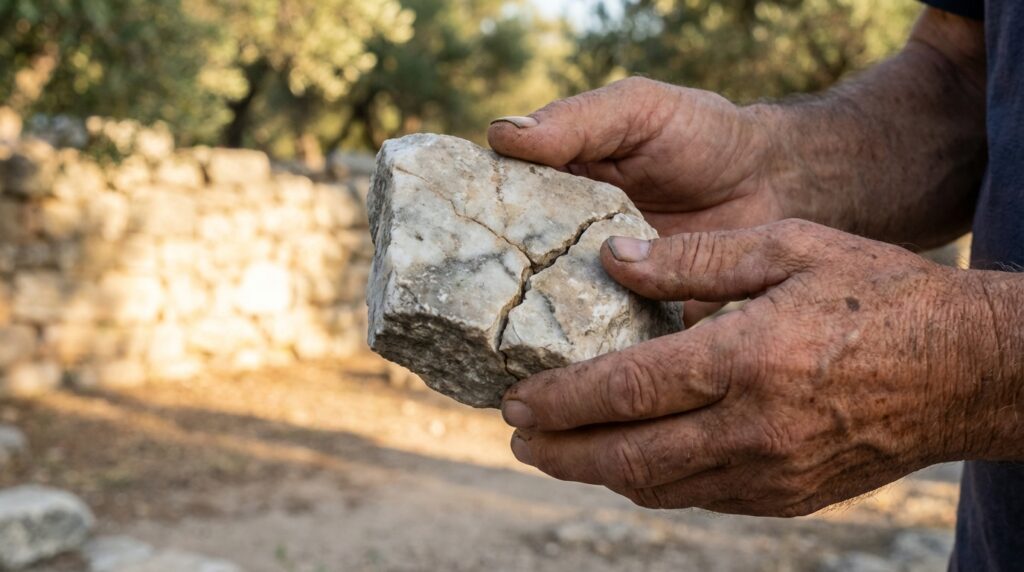 Manos de filósofo griego sosteniendo una piedra partida