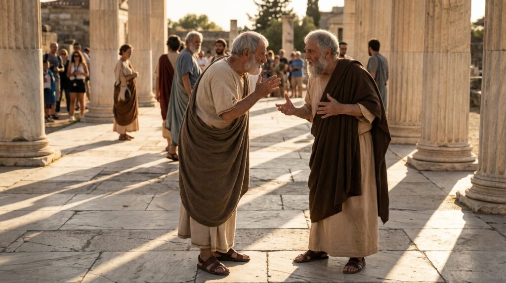 Aristóteles y Platón debatiendo en la antigua Grecia