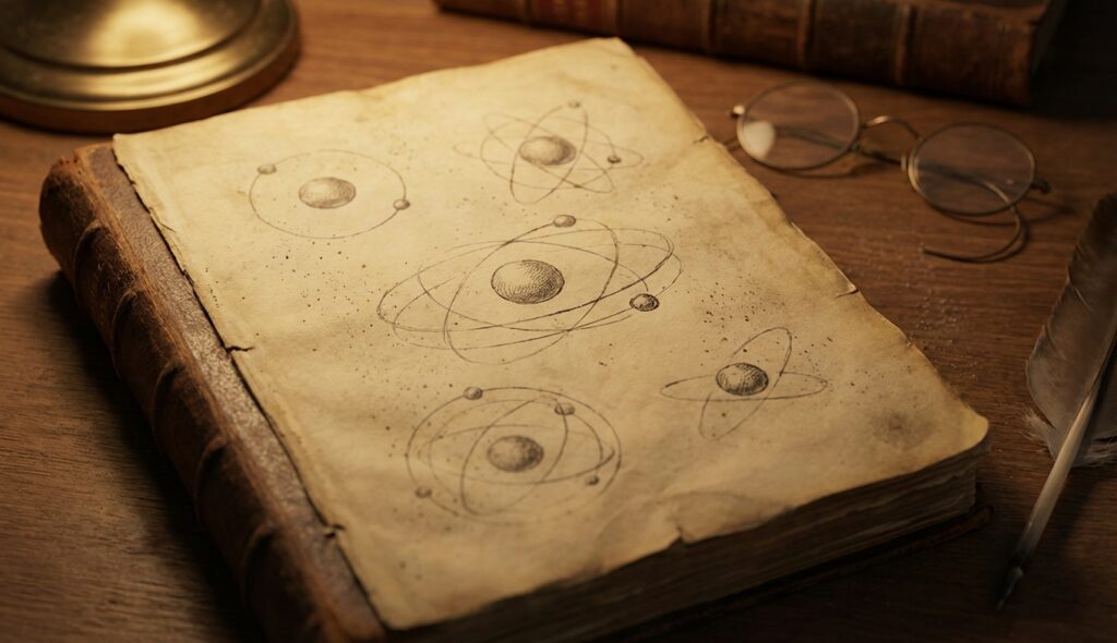 Manuscrito antiguo con bocetos de la teoría atómica