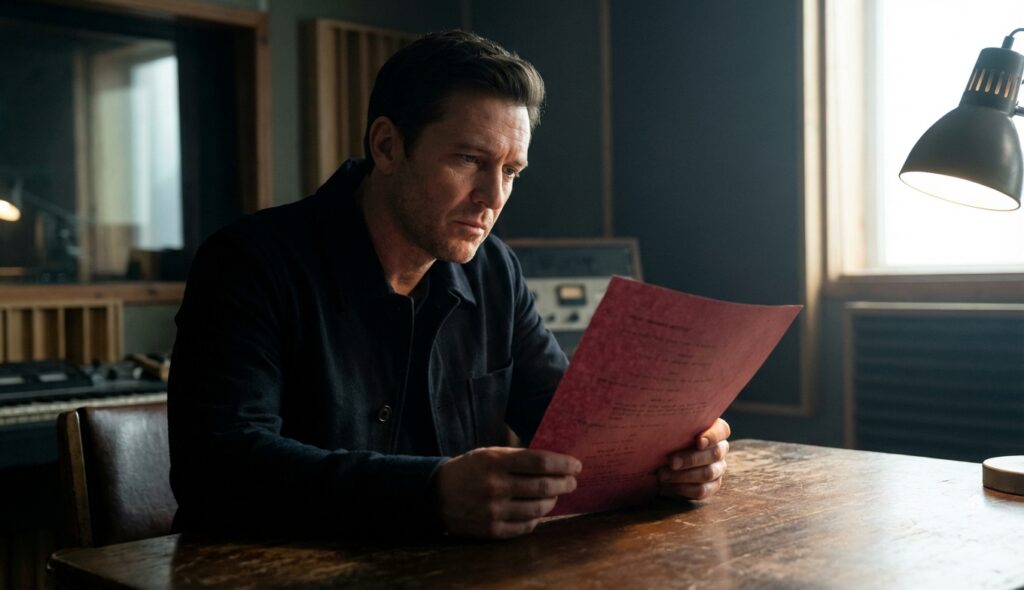 Actor leyendo guion en papel rojo antipiratería