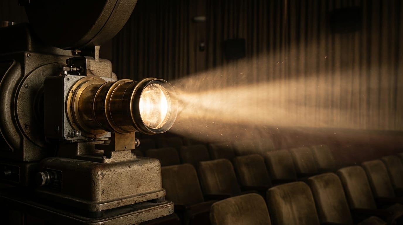 Proyector de cine en una sala oscura con haz de luz