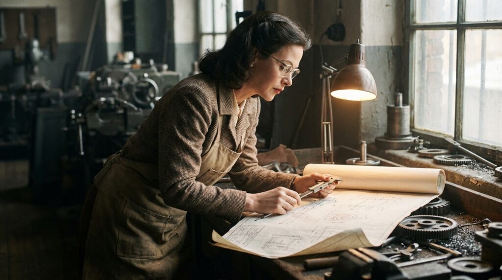 Hedy Lamarr trabajando en un taller con planos técnicos