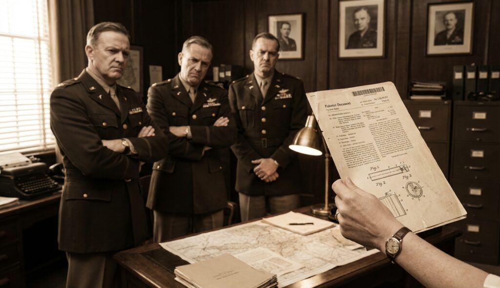 Oficina militar de los años 40 con oficiales escépticos