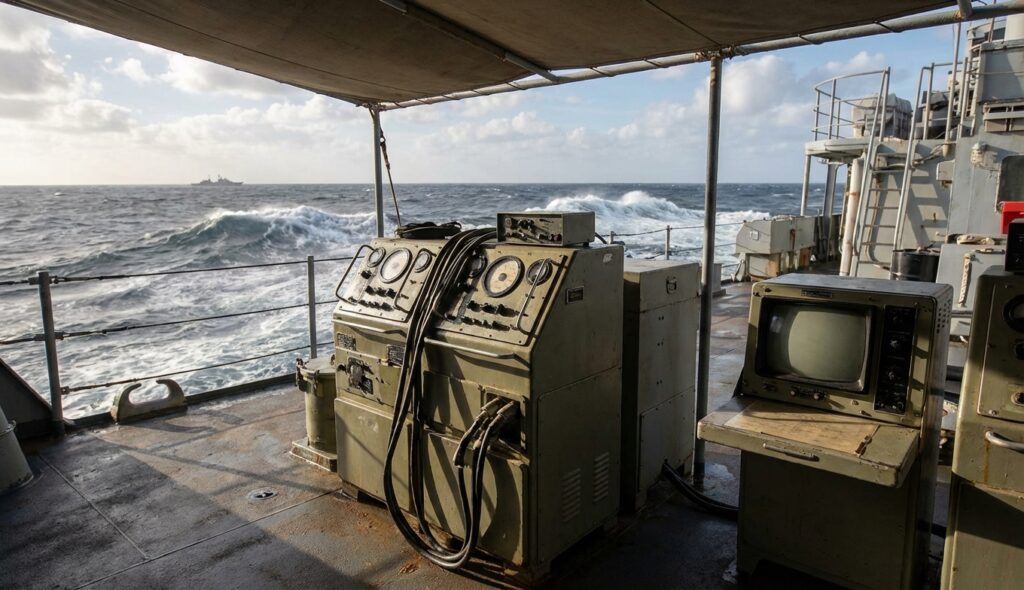 Equipo de sonar militar de los años 60 en un barco