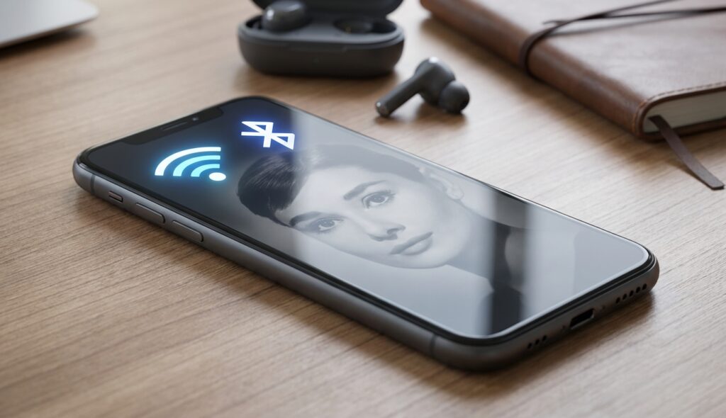 Smartphone con iconos de WiFi y Bluetooth y silueta de Hedy Lamarr