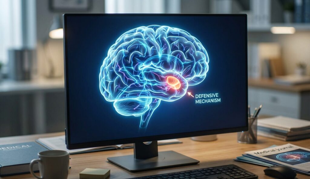 Ilustración del cerebro y mecanismos de defensa psicológicos