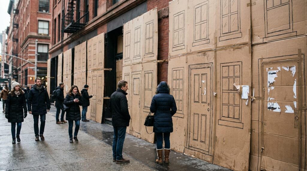 Calle de ciudad que parece un escenario de cartón ilustrando la desrealización