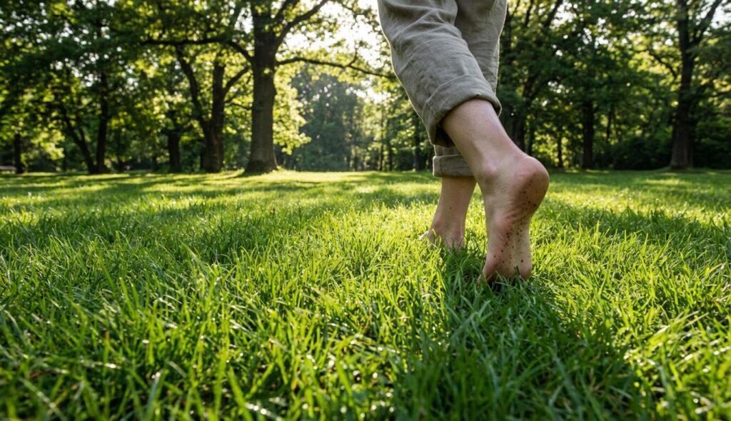 Persona practicando grounding caminando descalza sobre hierba