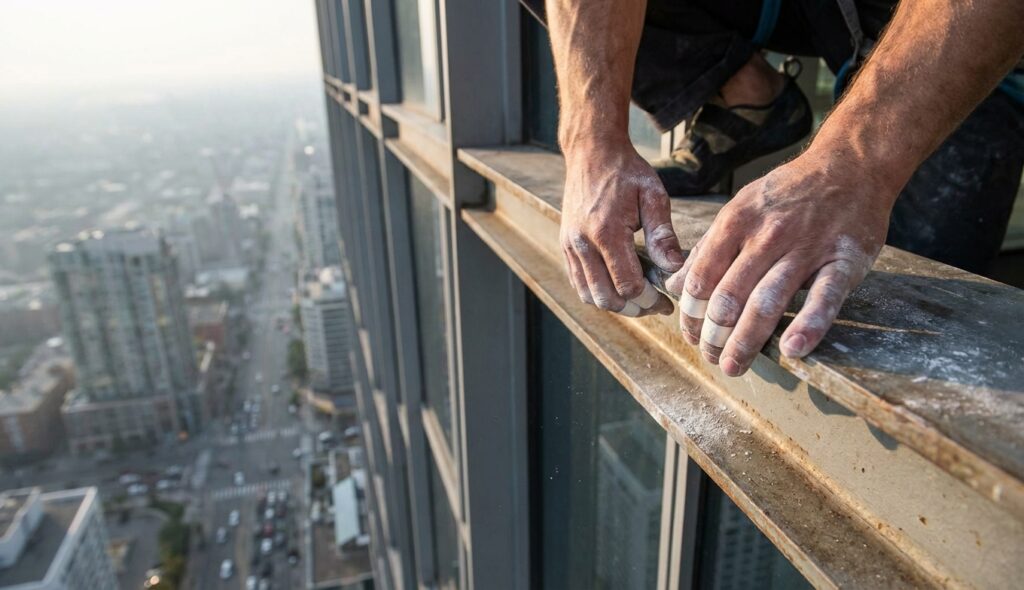 Manos de escalador en la estructura metálica de un rascacielos