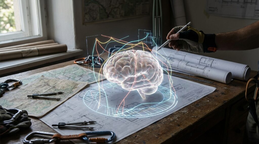 Concepto de concentración y control mental en escalada extrema