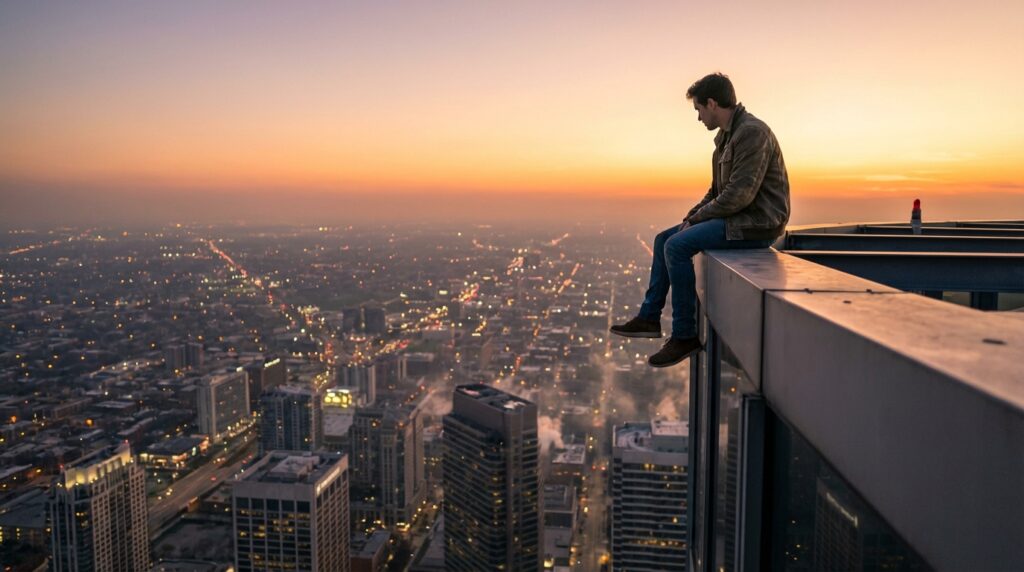 Escalador en la cima del Taipei 101 al atardecer
