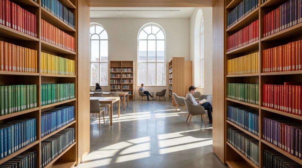 Estantería de libros perfectamente alineada y simétrica