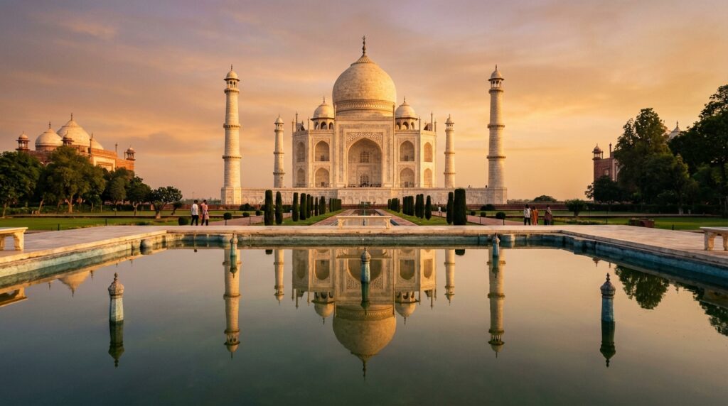 El Taj Mahal reflejado simétricamente en el agua