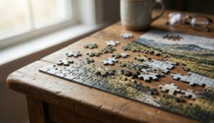 Rompecabezas a medio armar sobre una mesa de madera