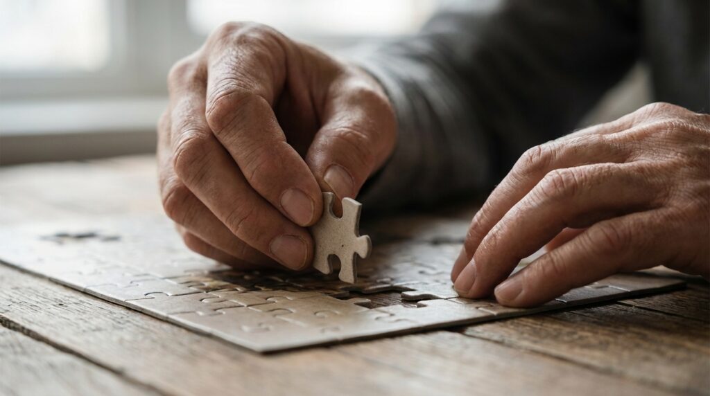 Rompecabezas para el cerebro: Cómo frenan el deterioro 3 Manos de un adulto seleccionando una pieza de rompecabezas