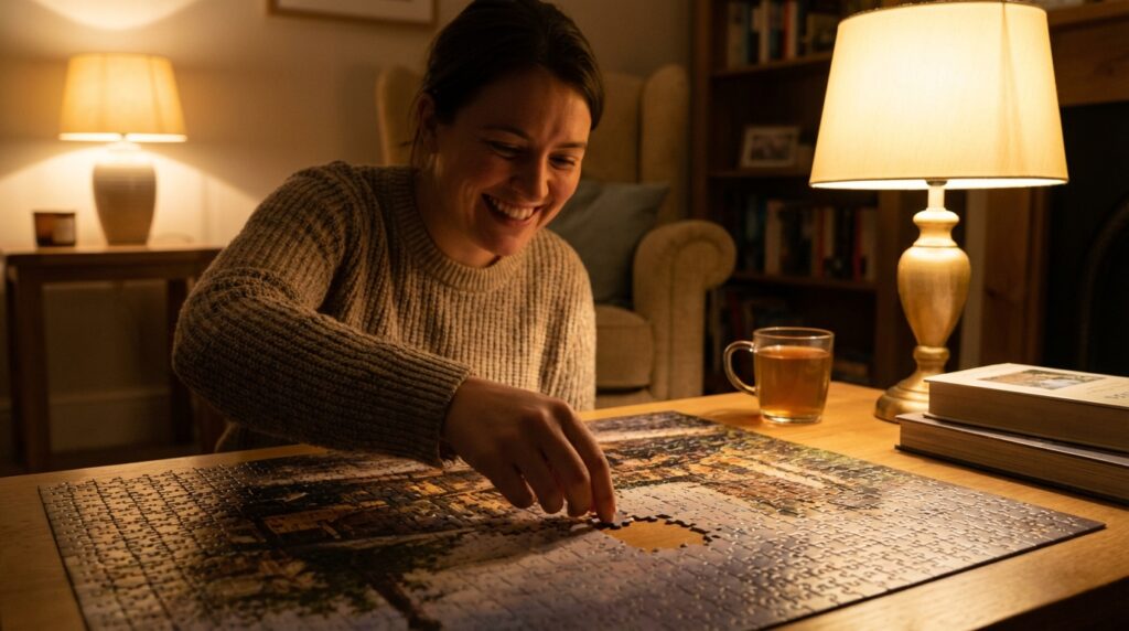 Rompecabezas para el cerebro: Cómo frenan el deterioro 4 Persona sonriendo al completar un rompecabezas