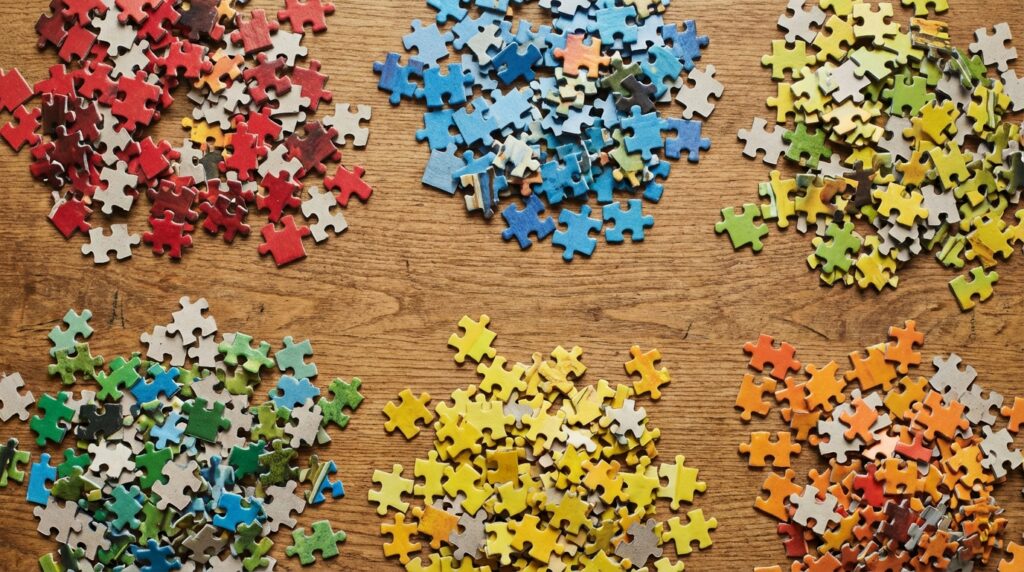 Rompecabezas para el cerebro: Cómo frenan el deterioro 5 Piezas de rompecabezas organizadas por colores sobre una mesa