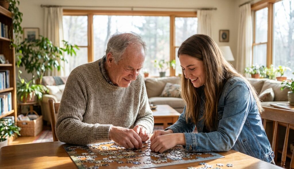 Rompecabezas para el cerebro: Cómo frenan el deterioro 7 Adulto mayor y joven compartiendo un rompecabezas