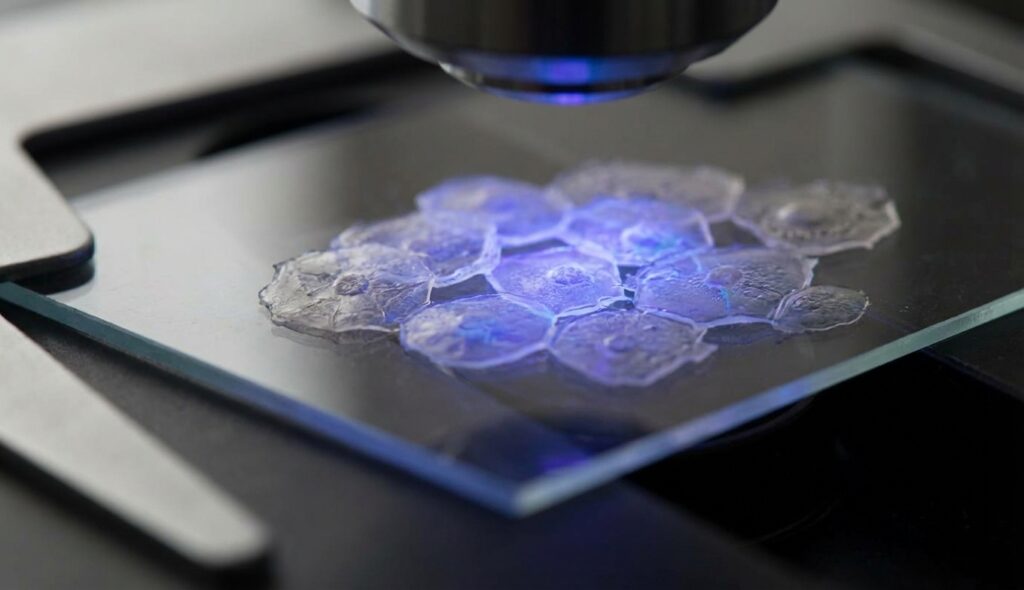 Visualización científica de células de la piel reaccionando a la luz ultravioleta