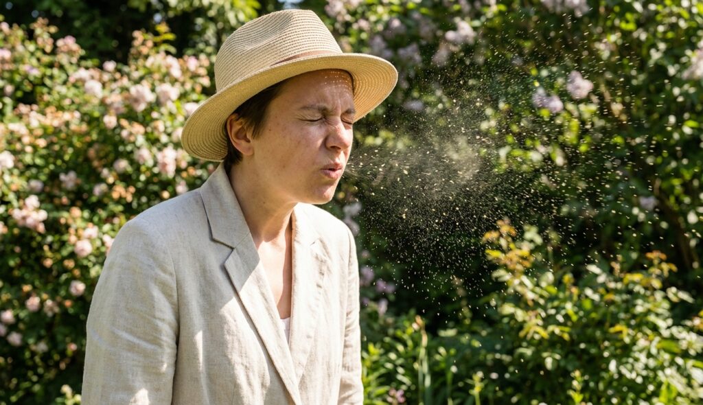 Persona estornudando en un jardín brillante debido al sol